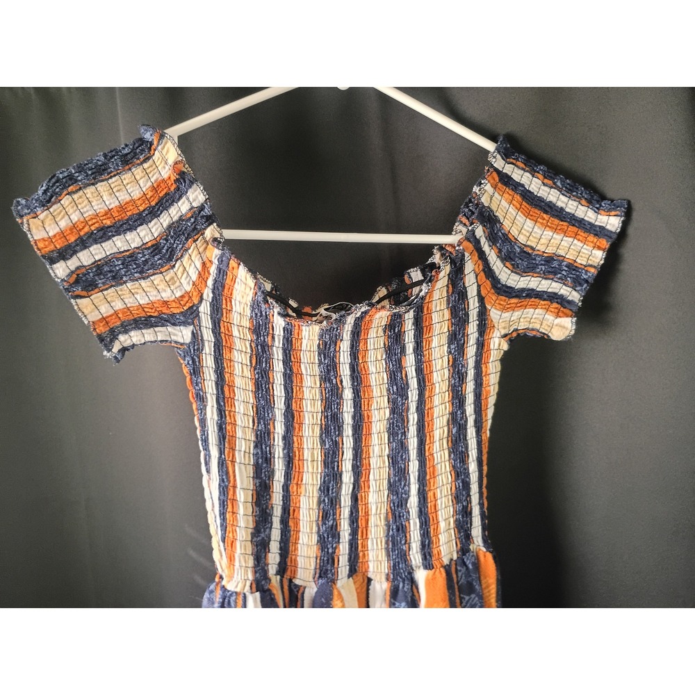 J for Just Womens Orange Navy Blue Striped Smocked Wide Leg Jumpsuit Large